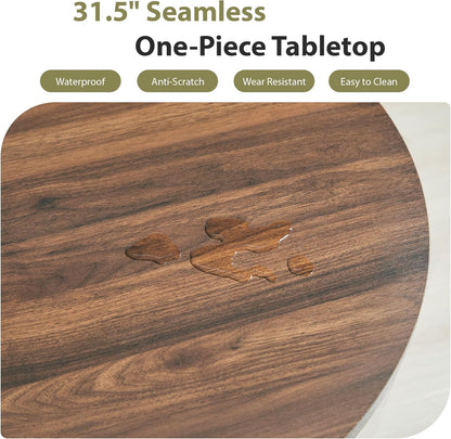 31.5" round Dining Table for 2-4, Modern Farmhouse Kitchen Table with 2-Tier Storage Shelf, Small Wooden Circle Dining Tables with Fluted Base for Home Dining Room Living Room (Walnut)