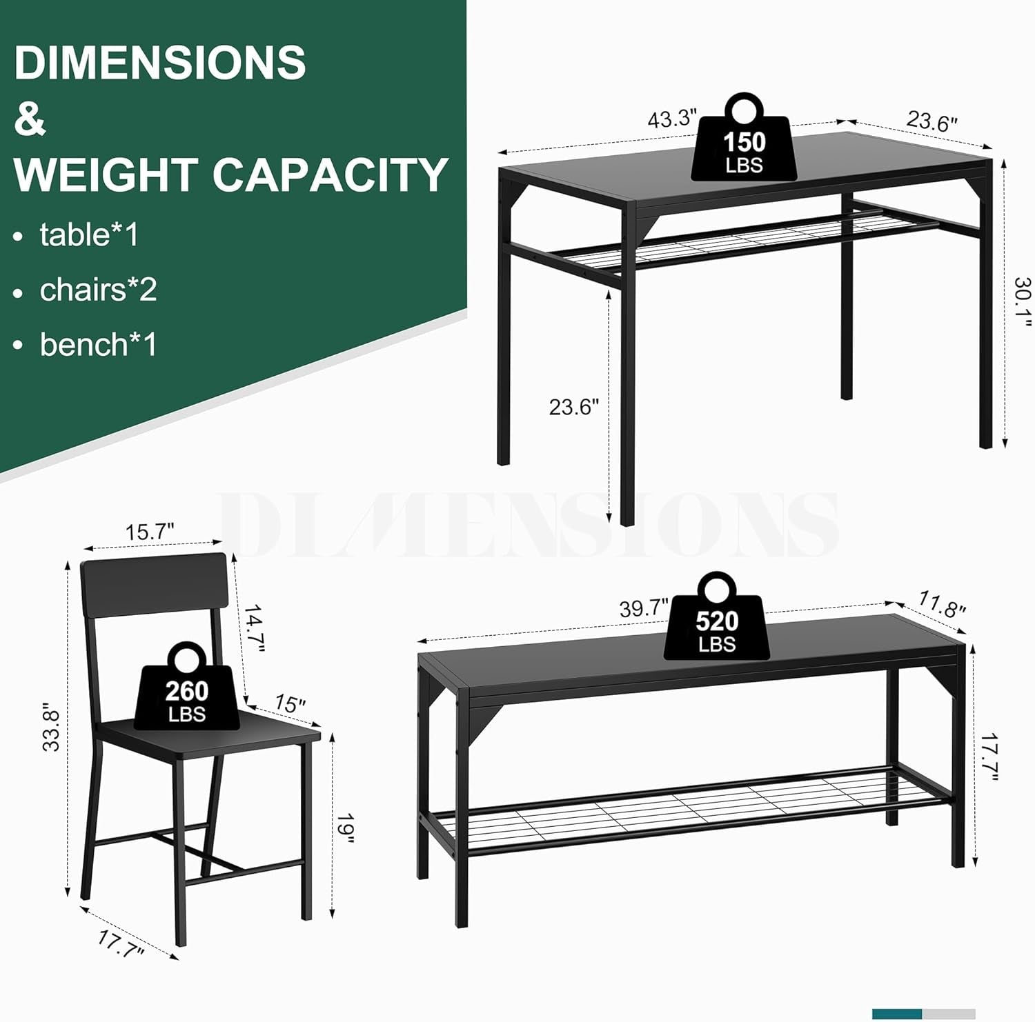 Kitchen Table Chairs Set of 4, Dining Table Set for 4 with Bench and Chairs, 4 Pieces Kitchen Table Set with Storage Rack & Metal Frame for Small Space, Black