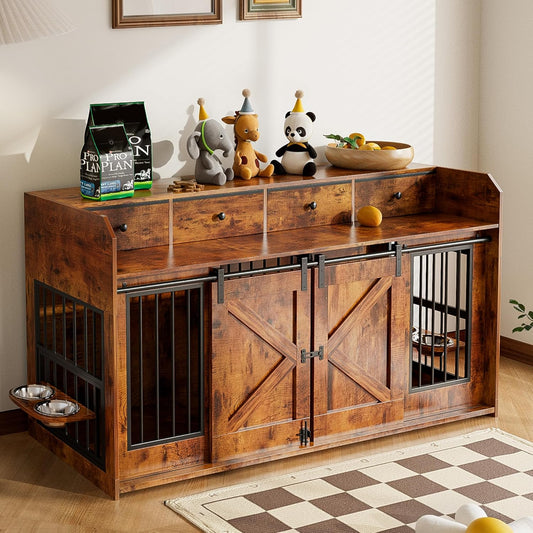 63" Double Dog Crate Furniture – Wooden Dog Kennel Indoor with Sliding Doors, Adjustable Bowls & Storage Drawers – Large Dog Crate TV Stand for 2 Dogs, Burnt Wood Color
