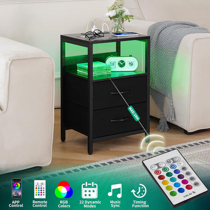 Nightstand with Charging Station, LED Night Stand with Fabric Drawers and Storage Shelf for Bedroom, Nightstands Bedside Tables with USB Ports & Outlets, Small Night Stands, Bed Side Table