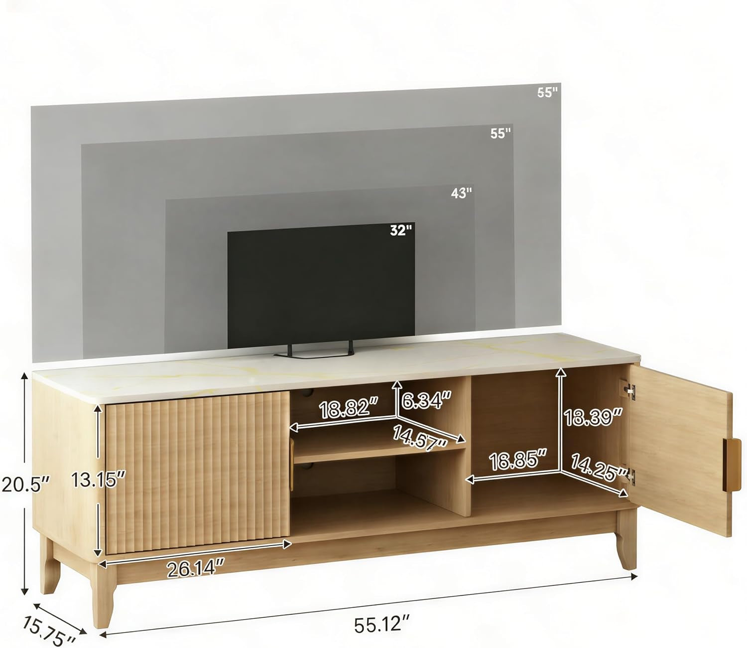 Mid Century TV Stand for Living Room, 55 Inch TV Console with Storage & Cable Holes, Entertainment Center for 32-60 Inch Tvs, Modern TV Furniture with Fluted Doors & Adjustable Shelf, Natural Wood