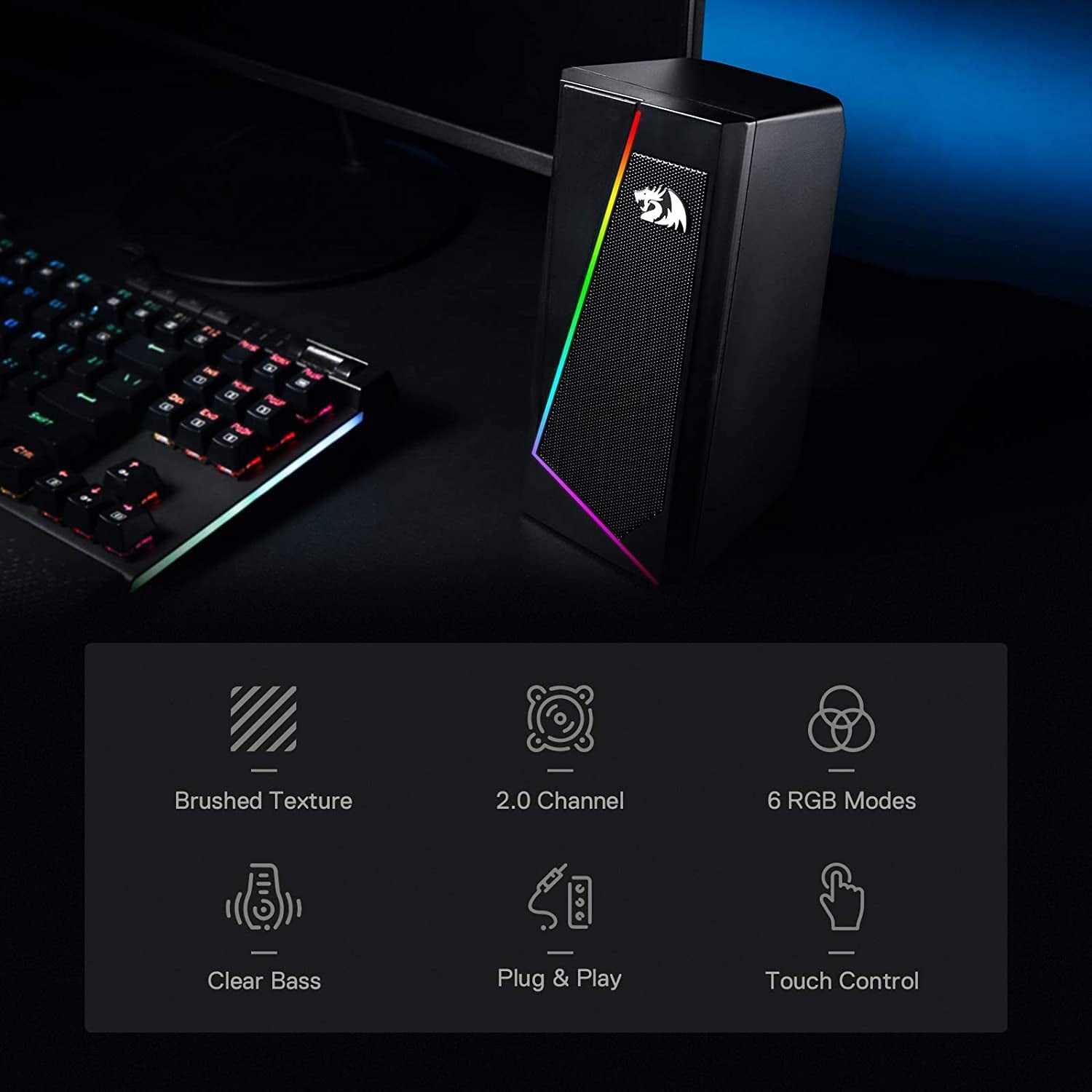 GS520 RGB Desktop Speakers, 2.0 Channel PC Computer Stereo Speaker with 6 Colorful LED Modes, Enhanced Sound and Easy-Access Volume Control, USB Powered W/ 3.5Mm Cable