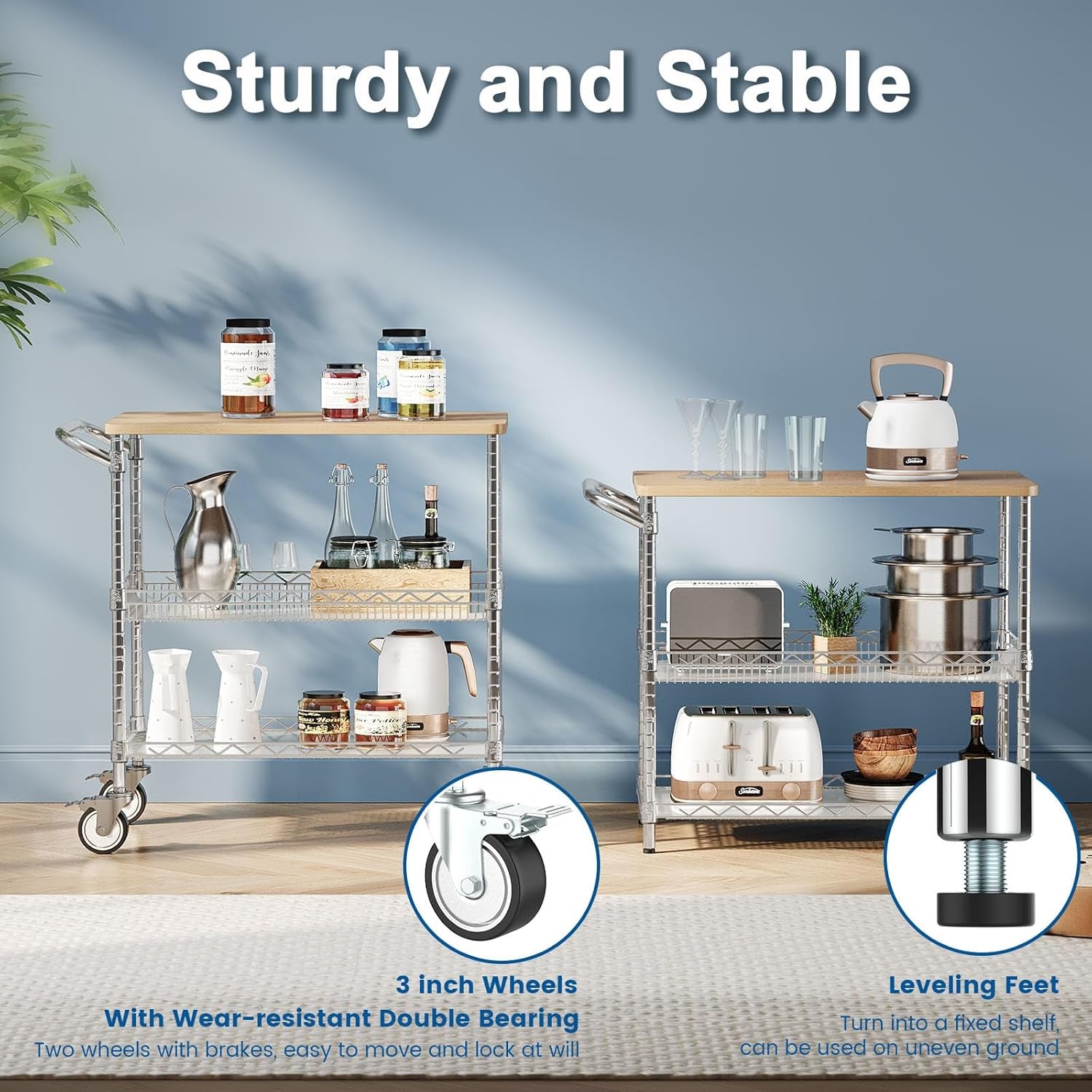 Rolling Kitchen Carts with Wheels, 34" L X 17.5" W, 3-Tier Heavy Duty Utility Cart with Wood Tabletop, NSF Commercial Metal Serving Cart with Handle and Shelf Liner for Kitchen, Chrome