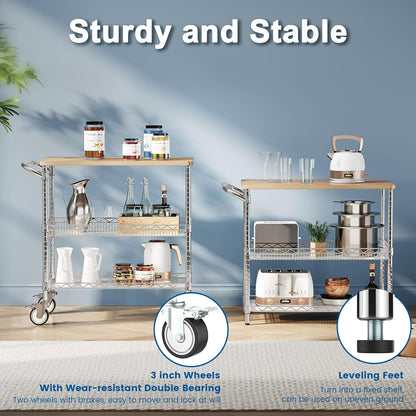 Rolling Kitchen Carts with Wheels, 34" L X 17.5" W, 3-Tier Heavy Duty Utility Cart with Wood Tabletop, NSF Commercial Metal Serving Cart with Handle and Shelf Liner for Kitchen, Chrome