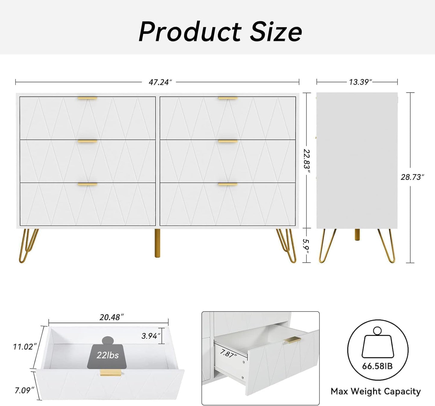 Bedroom Sets White Sets 3 Piece, Night Stand Sets and Large 6 Drawer Dresser for Bedroom, Two Drawers Nightstand Set of 2 & 6 Drawer Dresser Combo 3 Pieces (White)
