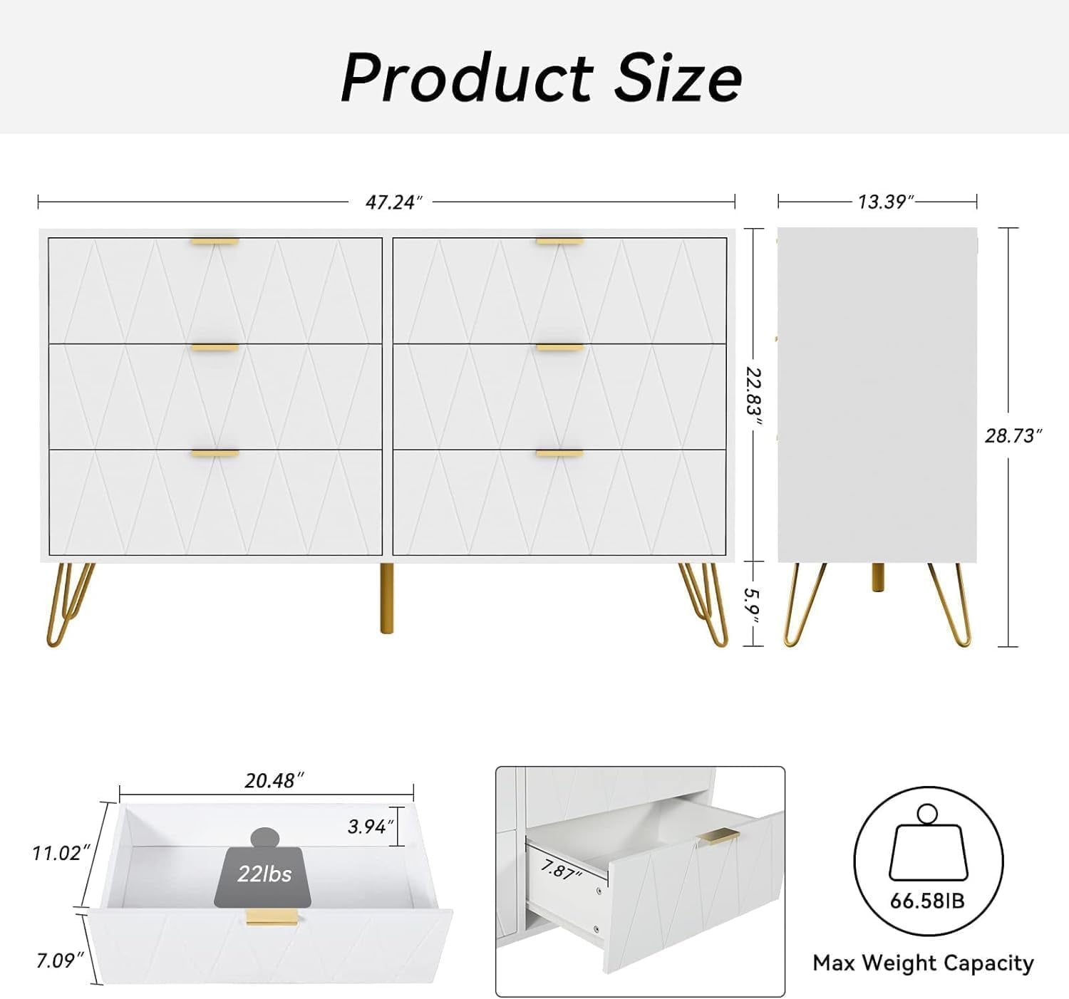 Bedroom Sets White Sets 3 Piece, Night Stand Sets and Large 6 Drawer Dresser for Bedroom, Two Drawers Nightstand Set of 2 & 6 Drawer Dresser Combo 3 Pieces (White)
