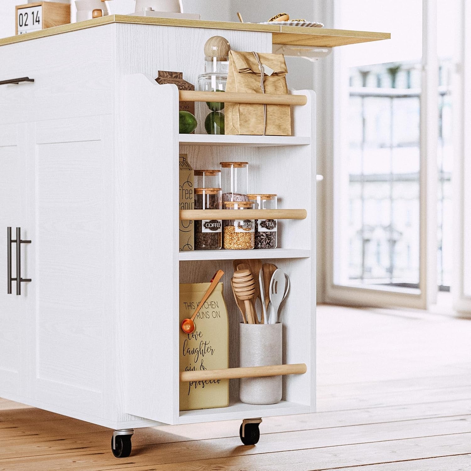 Kitchen Island with Storage, Rolling Kitchen Island on Wheels with Drop Leaf, 3 Open Spice Rack Shelf, Door Cabinet, Drawer, Kitchen Cart Island Table for Kitchen, White