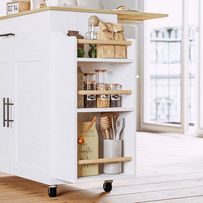 Kitchen Island with Storage, Rolling Kitchen Island on Wheels with Drop Leaf, 3 Open Spice Rack Shelf, Door Cabinet, Drawer, Kitchen Cart Island Table for Kitchen, White