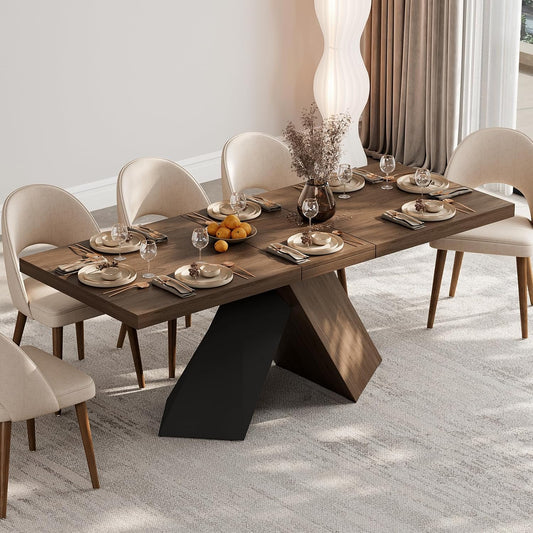Extendable Dining Table with Walnut Finish, Modern Rectangle Kitchen Table W/Pedestal Base, Seats 6-8 (Walnut, 63"-79" (Seats 6-8))