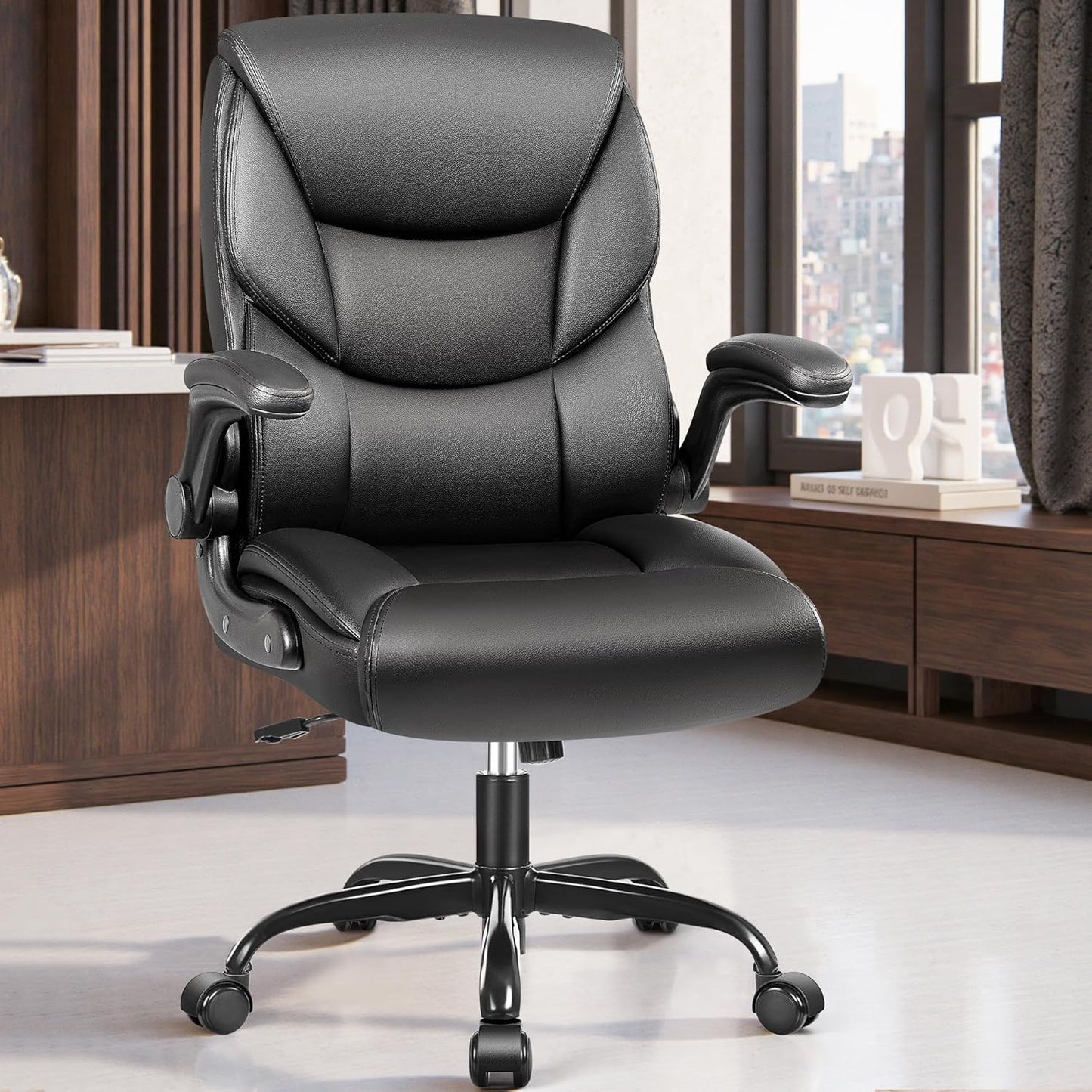 Leather Office Chair - Small PU Ergonomic Desk Chair, Comfy Computer Chair with Wheels and Flip-Up Armrests, Adjustable Height Mid Back Executive Office Chair for Short People-Black