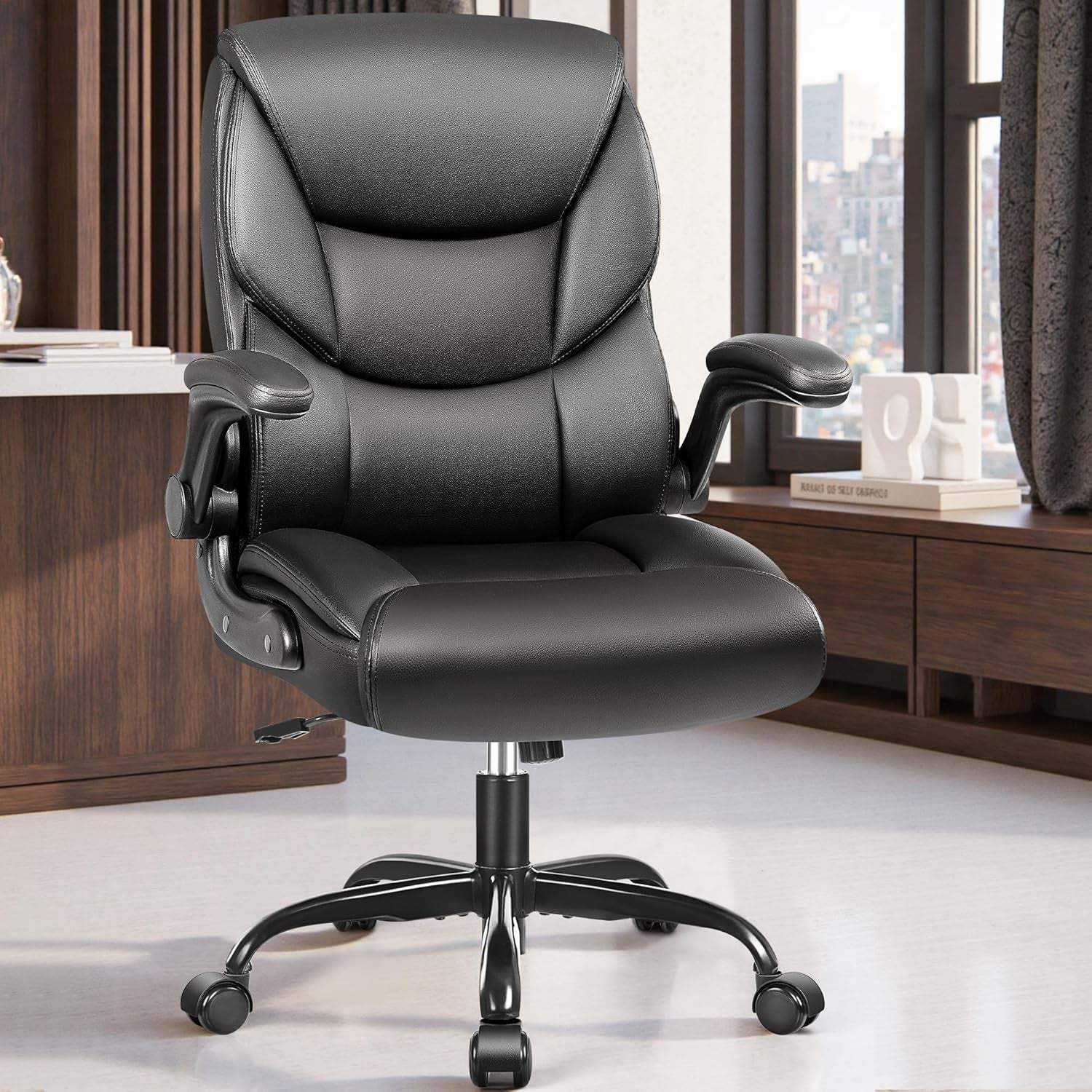 Leather Office Chair - Small PU Ergonomic Desk Chair, Comfy Computer Chair with Wheels and Flip-Up Armrests, Adjustable Height Mid Back Executive Office Chair for Short People-Black