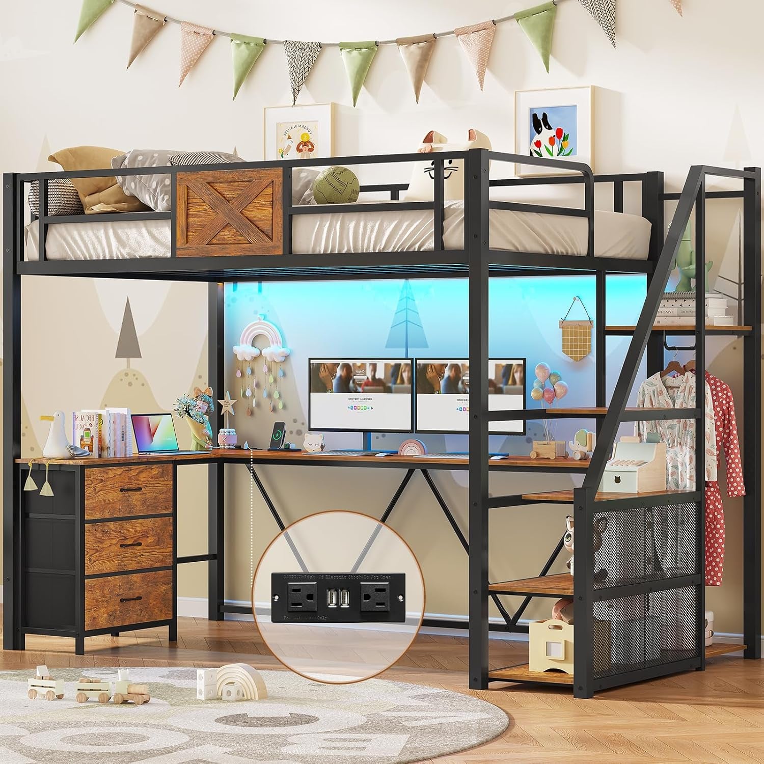 Stairway Twin Size Loft Bed with L Shaped Desk and Wardrobe, Metal Loft Bed Frame with Storage Stairs, 3 Fabric Drawers, LED Lights & Charging Sation, Rustic Brown