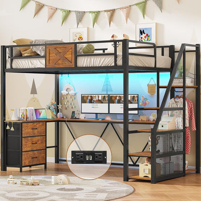 Stairway Twin Size Loft Bed with L Shaped Desk and Wardrobe, Metal Loft Bed Frame with Storage Stairs, 3 Fabric Drawers, LED Lights & Charging Sation, Rustic Brown