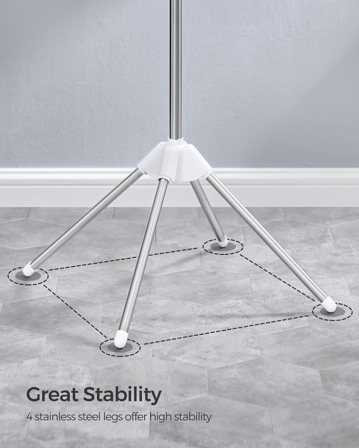 Clothes Drying Rack, 59-Inch Folding Laundry Drying Rack with 3 Rotatable Arms for Hangers, 4 Legs, Stainless Steel, for 27 Pieces of Clothes, White and Silver ULLR510W01
