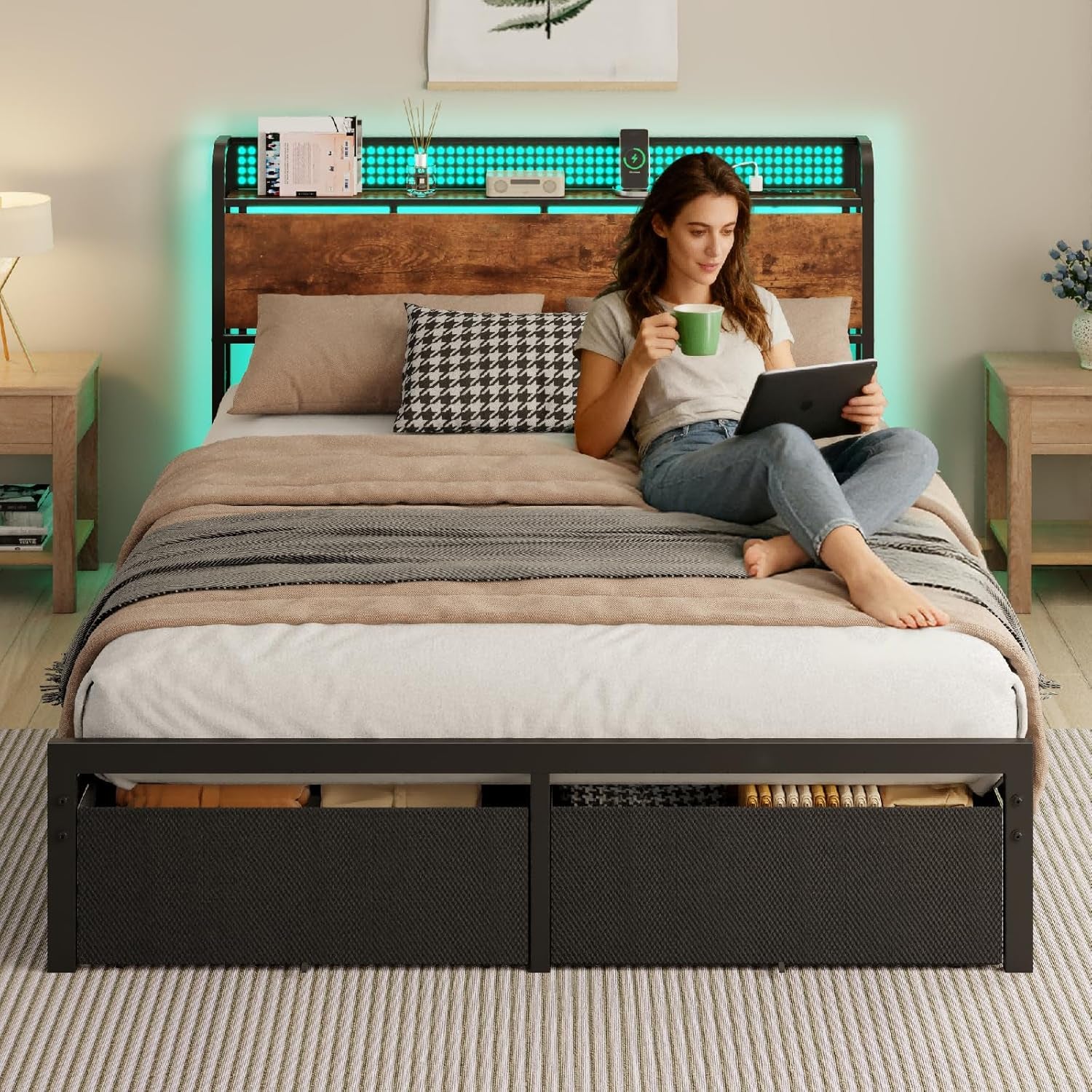 Queen Size Bed Frame with Headboard Storage, Platform Bed Frame Queen Size with 2 Drawers, Charging Station and LED Lights, No Box Spring Needed, Noise Free, Easy Assembly (1000 Lbs Capacity)
