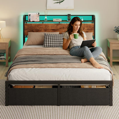 Queen Size Bed Frame with Headboard Storage, Platform Bed Frame Queen Size with 2 Drawers, Charging Station and LED Lights, No Box Spring Needed, Noise Free, Easy Assembly (1000 Lbs Capacity)