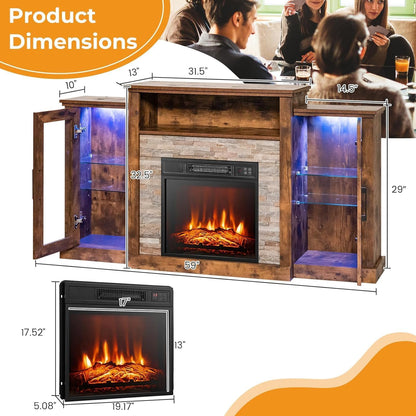 Electric Fireplace TV Stand for Tvs up to 65’’, TV Console with 16-Color LED Light, Adjustable Glass Shelves, 19’’ Fireplace Insert with Remote & APP Control, Entertainment Center (Brown)