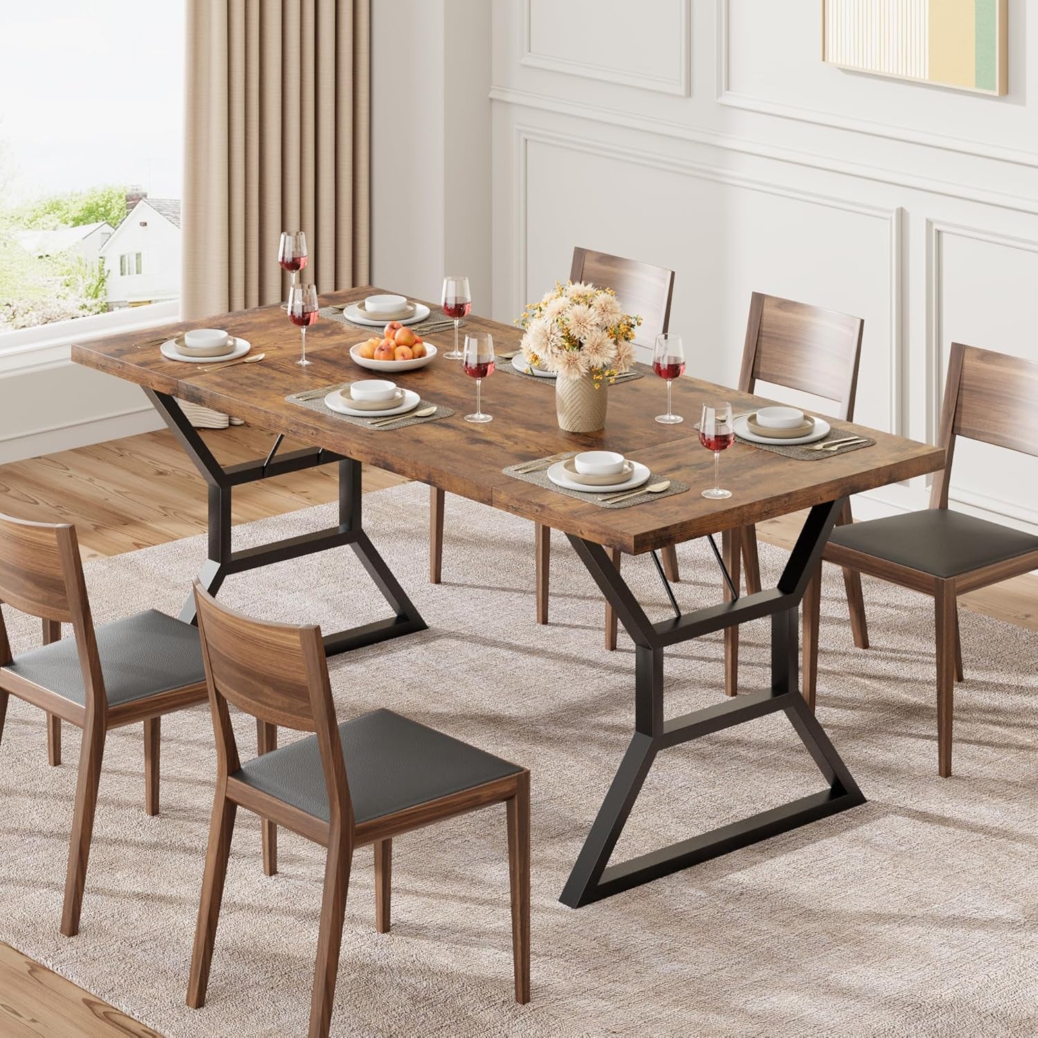 70.9" Large Dining Room Table for 6, Rectangular Kitchen Table with Heavy Duty Metal Legs, Farmhouse Wooden Dining Table for Big Family (Brown)