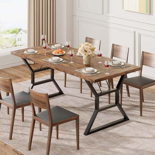 70.9" Large Dining Room Table for 6, Rectangular Kitchen Table with Heavy Duty Metal Legs, Farmhouse Wooden Dining Table for Big Family (Brown)