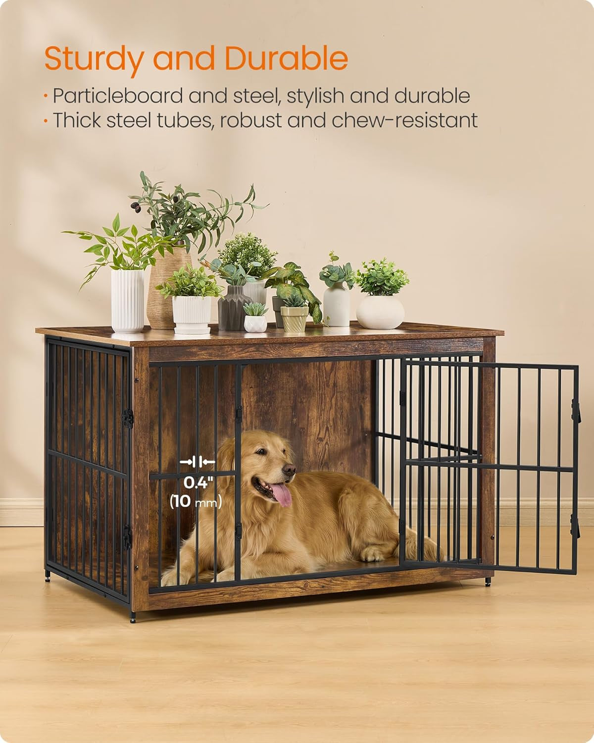 Wooden Dog Crate Furniture, 48 Inches Heavy-Duty Kennel for Dogs up to 110 Lb, with Double Doors and Enclosed Wood Base, Modern Pet Cage End Table Indoor, Rustic Brown