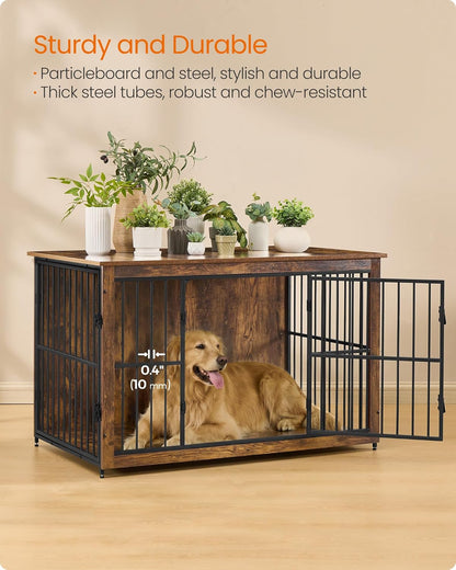 Wooden Dog Crate Furniture, 48 Inches Heavy-Duty Kennel for Dogs up to 110 Lb, with Double Doors and Enclosed Wood Base, Modern Pet Cage End Table Indoor, Rustic Brown