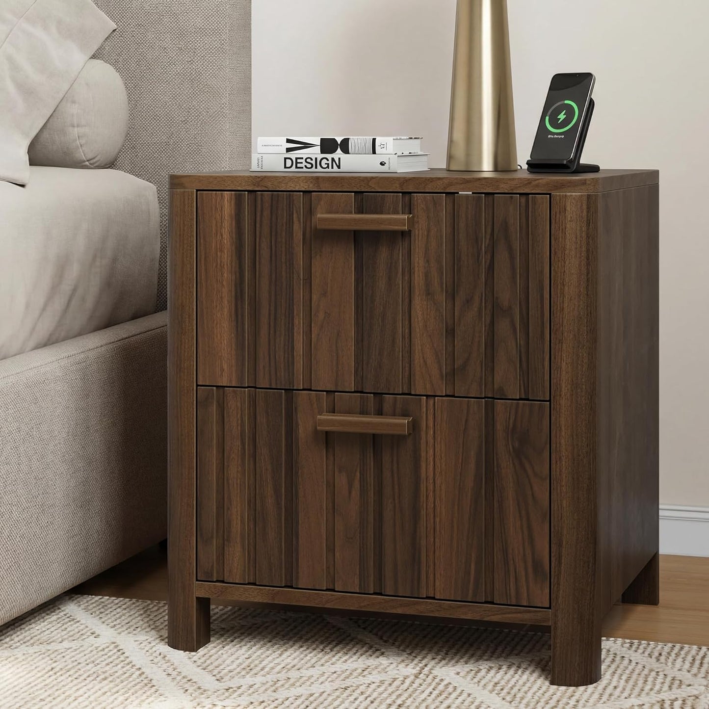 Mid Century Modern Nightstand with 2 Drawers, Fluted Design Bedside Table with Storage, Walnut Finish Night Stand for Bedroom, Study Room