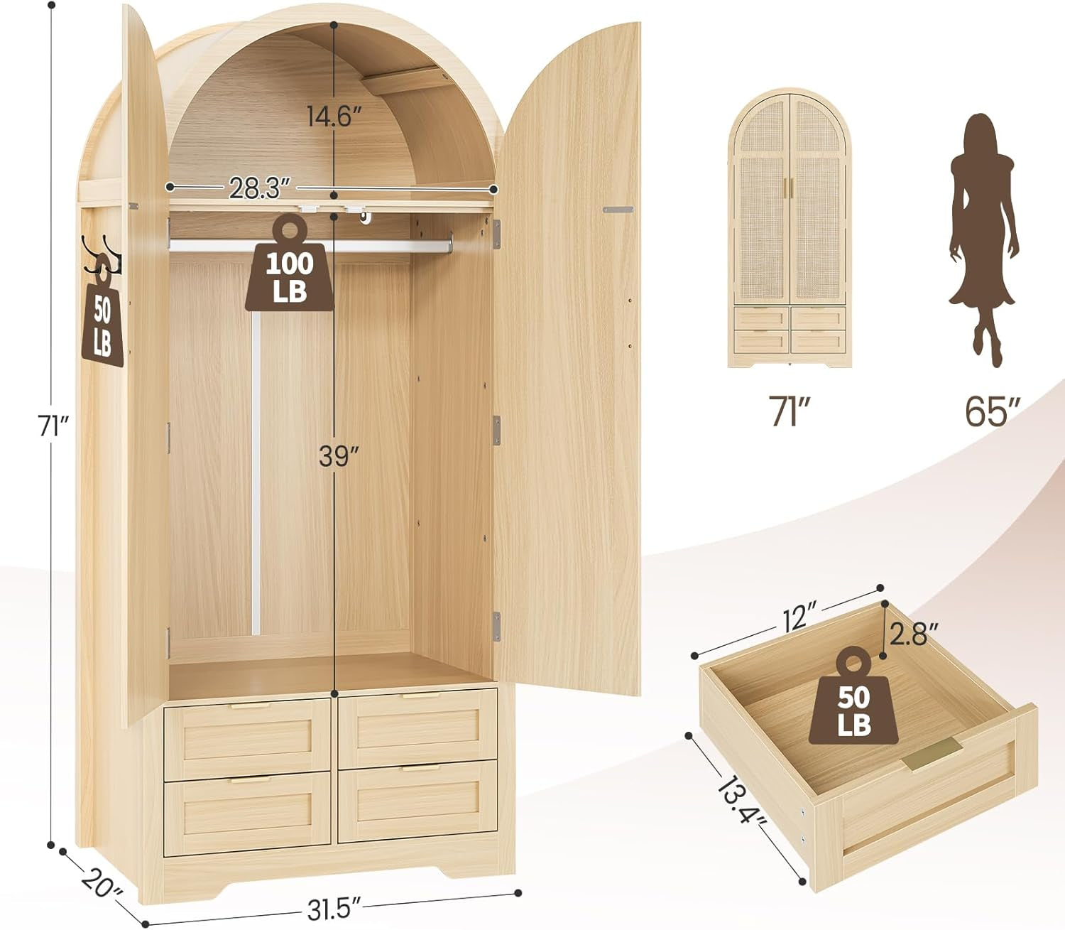 Armoire Wardrobe Closet with 4 Drawers - Wood Bedroom Armoires and Wardrobes with Rattan Doors for Hanging Clothes, Tall Clothing Cabinet Arched Closets for Cloak Room, Large Capacity Storage