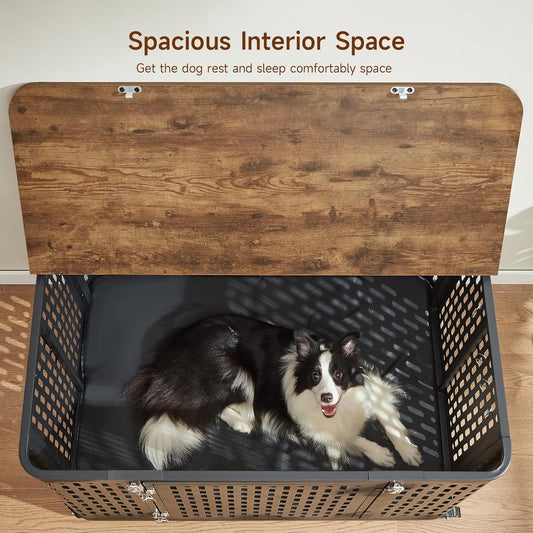 43.7" Dog Crate Furniture with Wheels, Indoor Heavy Duty Dog Kennel with Flip Top & Cushion for Medium Dogs, Escape-Proof and Chew-Proof Pet Cage for High Anxiety Pet, Decorate as TV Stand