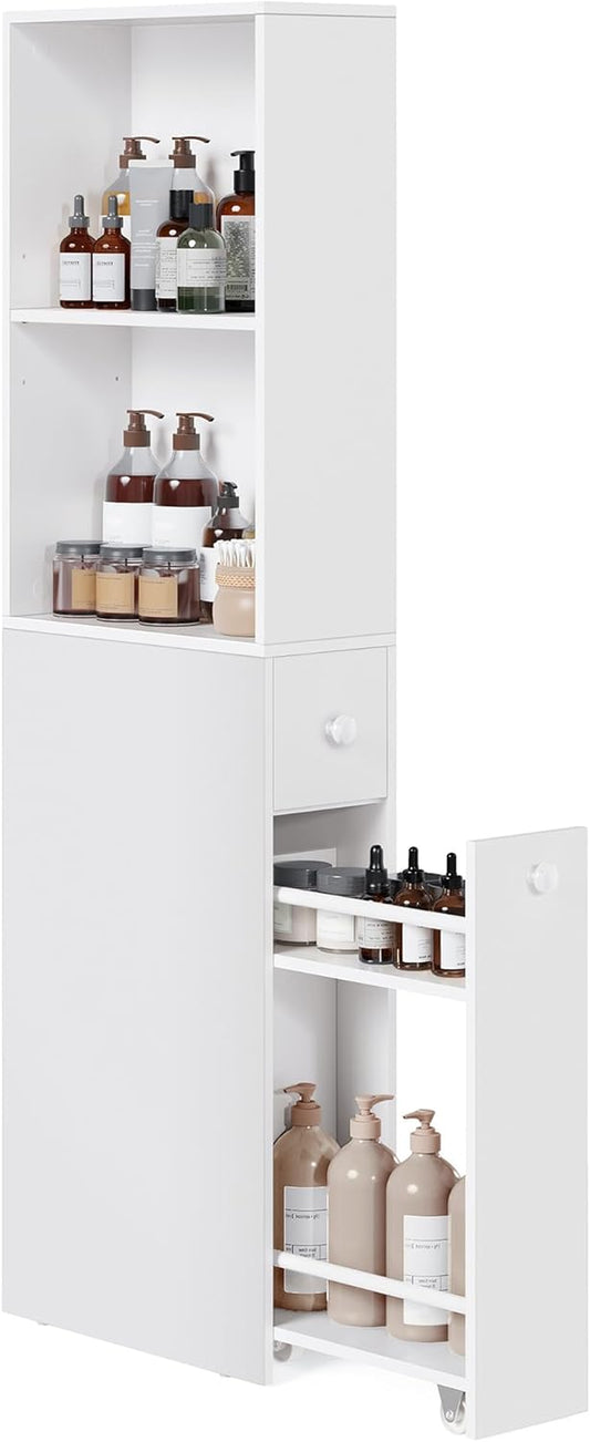 Slim Bathroom Storage Cabinet, Narrow Freestanding Bathroom Cabinet with Storage Drawers and Adjustable Shelf, for Small Spaces, Modern Style, White UBBK567T14