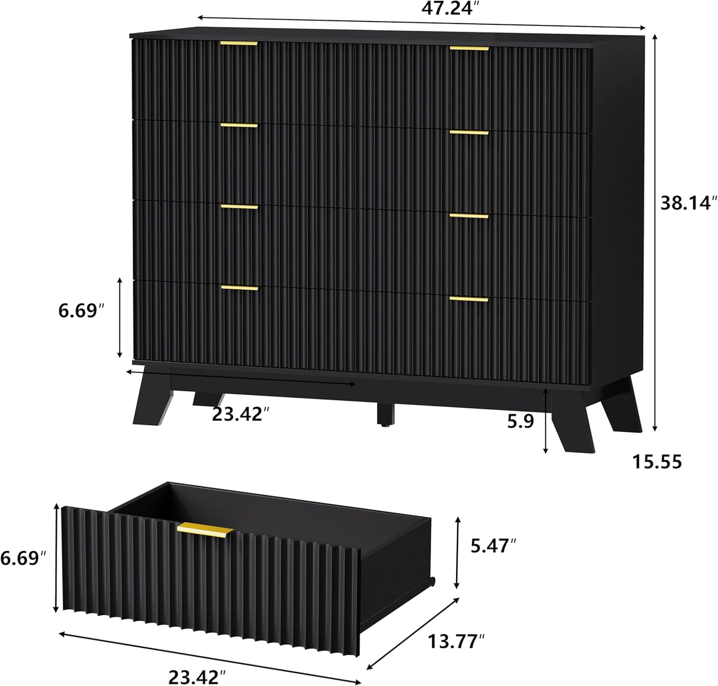Fluted Dresser for Bedroom, 8 Drawer Dressers & Chest of Drawers, Mid Century Modern Dresser for Closet Boho Bedroom Furniture, Wooden Chests of Drawers Storage Organizer for Living Room, Black