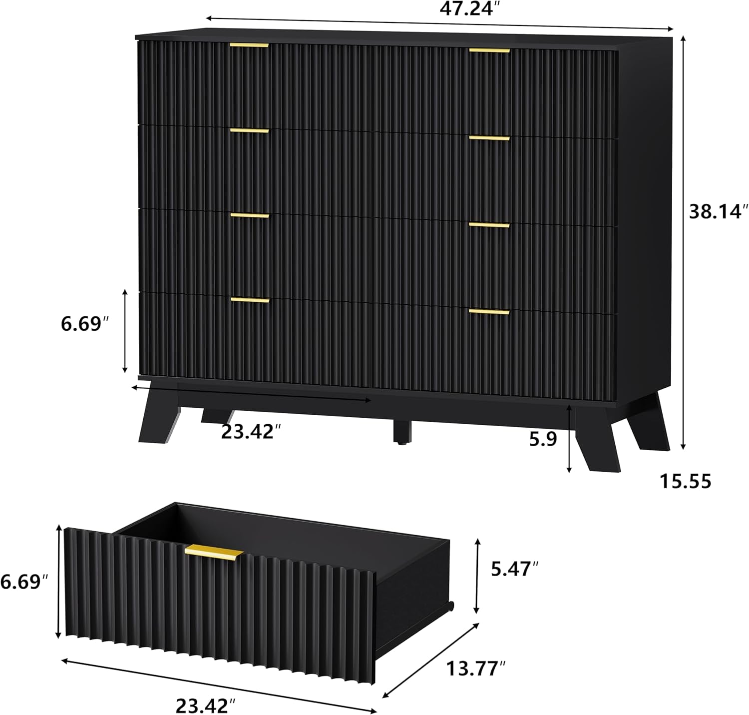 Fluted Dresser for Bedroom, 8 Drawer Dressers & Chest of Drawers, Mid Century Modern Dresser for Closet Boho Bedroom Furniture, Wooden Chests of Drawers Storage Organizer for Living Room, Black