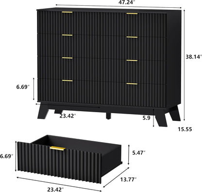 Fluted Dresser for Bedroom, 8 Drawer Dressers & Chest of Drawers, Mid Century Modern Dresser for Closet Boho Bedroom Furniture, Wooden Chests of Drawers Storage Organizer for Living Room, Black
