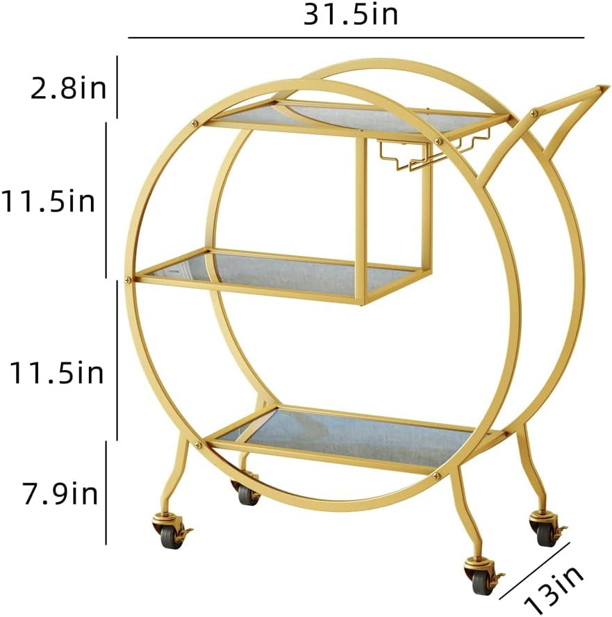 Bar Cart, Upgraded 3 Tier Gold Bar Serving Cart with Glass Holder and Wheels, Metal Handle round Bar Carts for the Home, Kitchen, Living Room