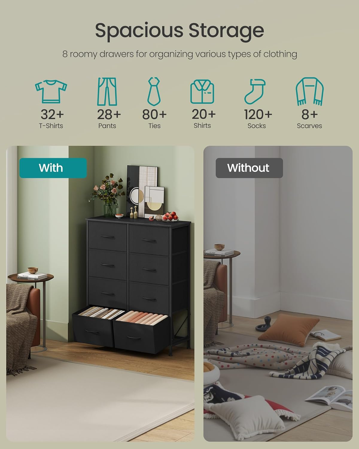 Dresser for Bedroom, Chest of Drawers, Steel, MDF, 8 Non-Woven Fabric Drawers, Storage Organizer Unit, Closet, Entryway, Ink Black and Ebony Black LGS124B01S