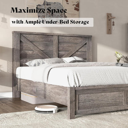 Queen Size Farmhouse Bed Frame with 49.2" Barn Door Headboard, Platform Bed Frame with Wood Slats, under Bed Storage Space, Easy Assembly, Noisy Free, Rustic Gray