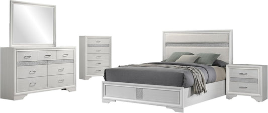 Home Furnishings Miranda Contemporary 5-Piece Bedroom Set Fabric Upholstered Eastern King Size Panel Bed Frame 54-Inch Headboard White 205110KE-S5