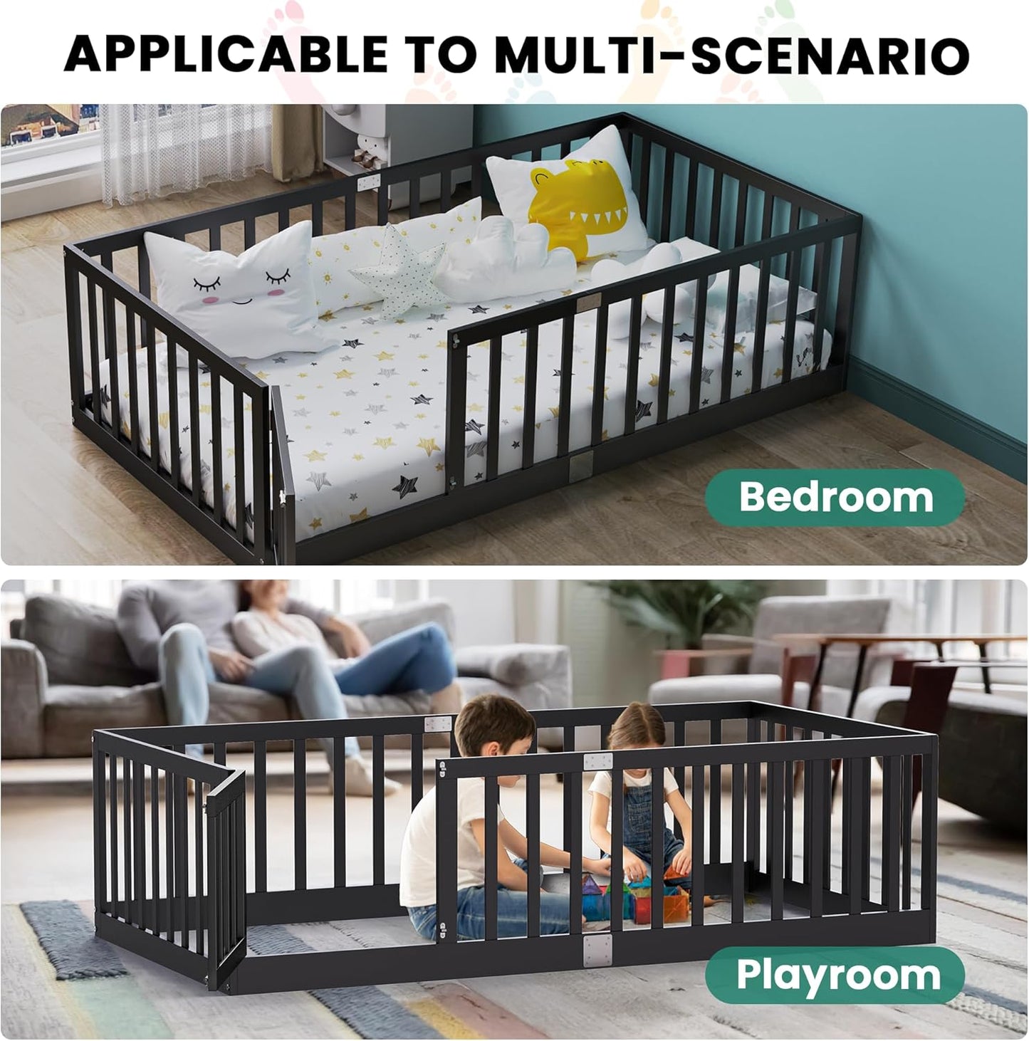 Twin Size Floor Bed for Kids Wooden Toddler Floor Bed Frame Safe Comfortable Baby Floor Bed for Children,Black,40.9"*77.5"(Mattress Not Included)