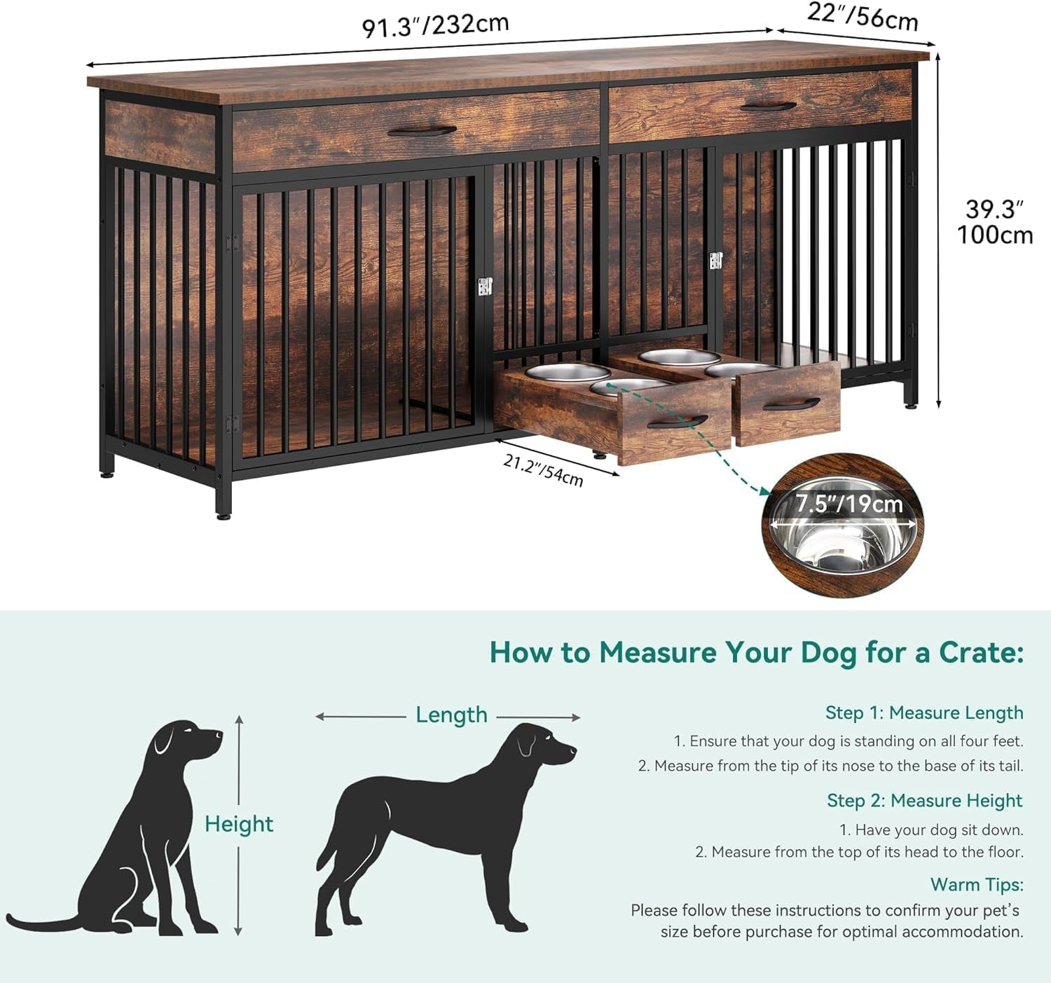 91.3" Double Dog Crate Furniture with Dog Feeder, Heavy Duty Indoor Dog Kennel TV Stand with Drawers, Sturdy Dog Kennel with Divider for 2 Medium Large Dogs, Brown