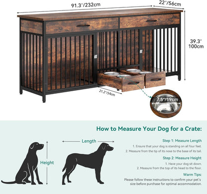 91.3" Double Dog Crate Furniture with Dog Feeder, Heavy Duty Indoor Dog Kennel TV Stand with Drawers, Sturdy Dog Kennel with Divider for 2 Medium Large Dogs, Brown