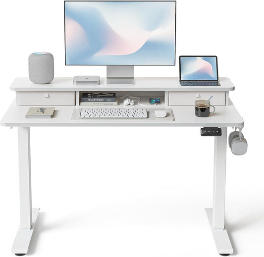 40 X 24 Inch Height Adjustable Electric Standing Desk with Double Drawer, Stand up Home Office Computer Desk with 4 Height-Adjustable Feets & 2 Hooks, White