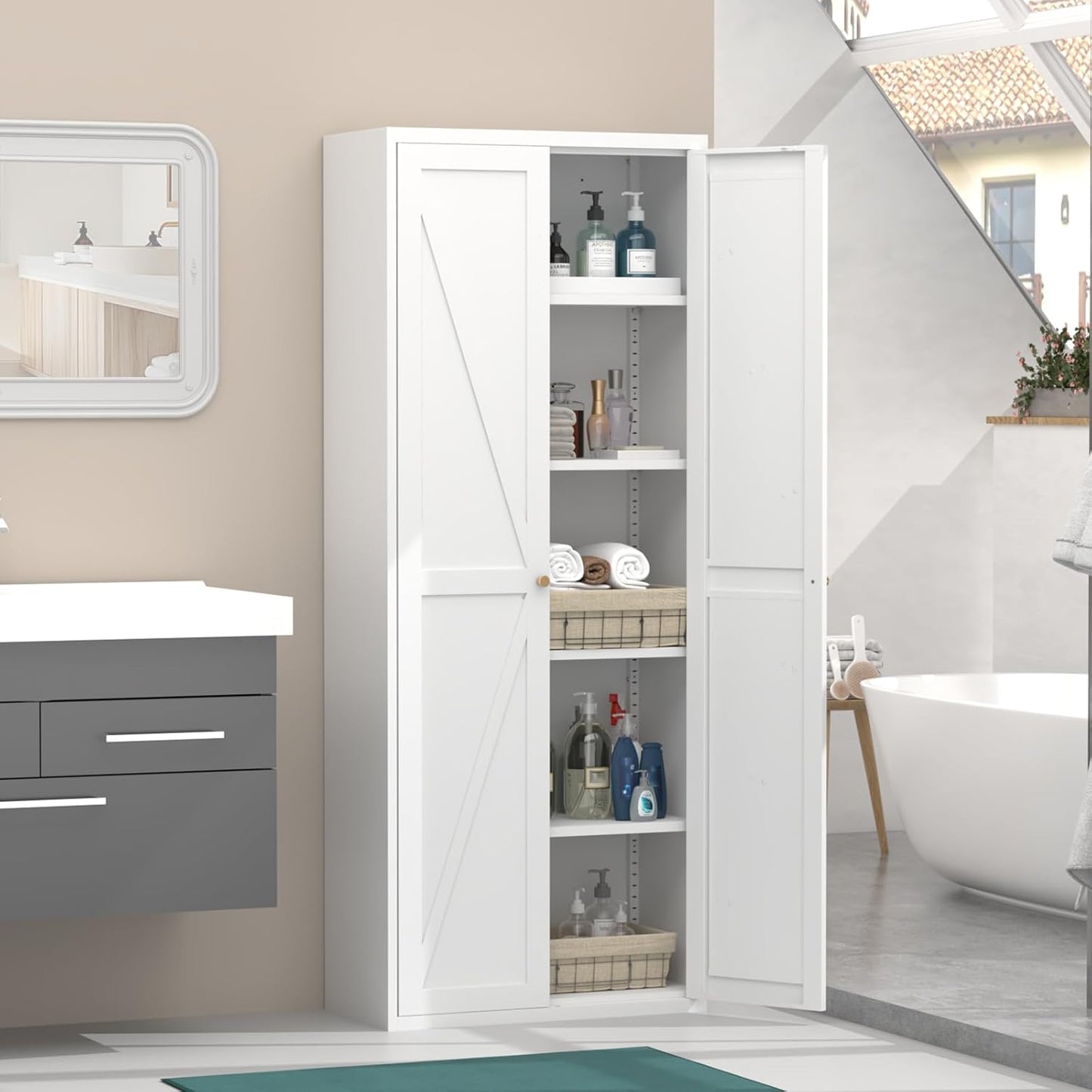 71" H Kitchen Pantry Storage Cabinet, Metal Food Pantry Cabinets with Doors and Adjustable Shelves, White Kitchen Storage Cabinet, Cupboard for Dining Room, Living Room and Bathroom