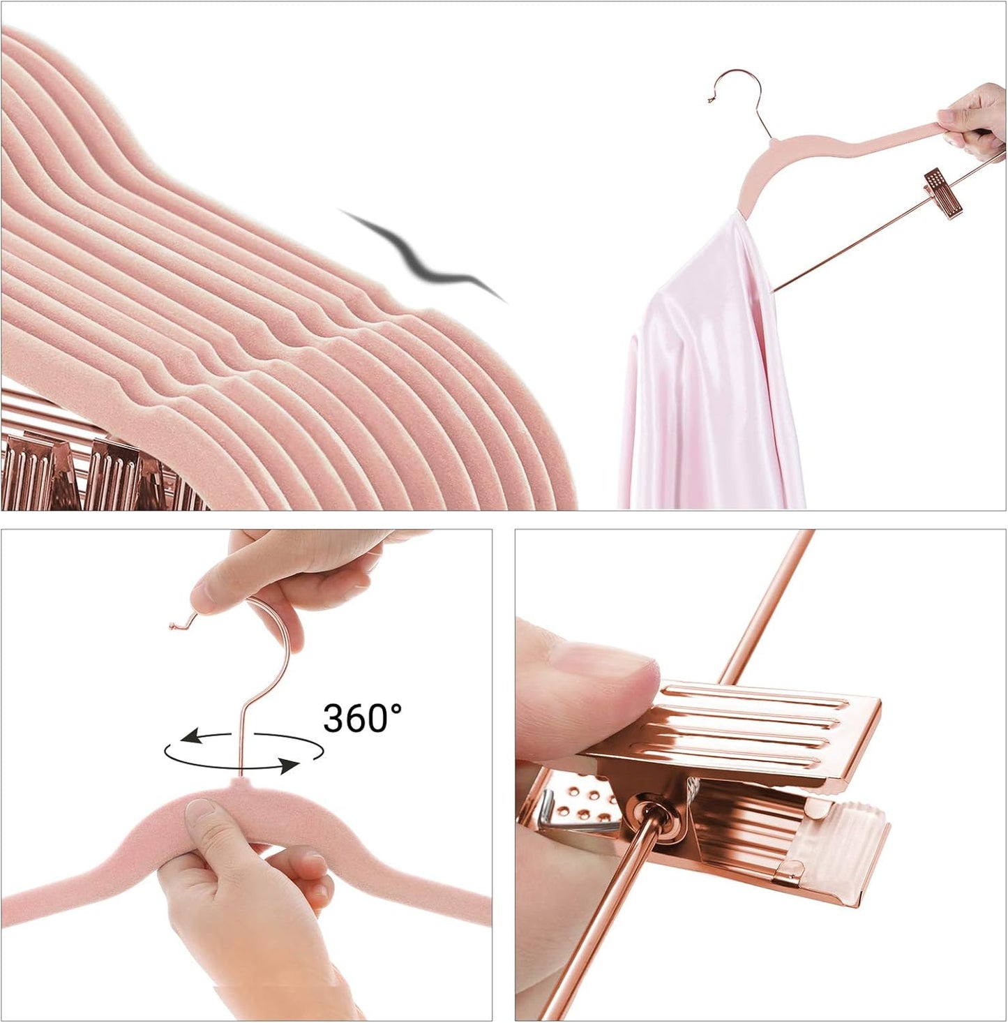 24 Pack Pants Hangers, 16.7 Inch Coat Hangers with Rose Gold Colored Movable Clips, Heavy-Duty, Non-Slip, Space-Saving, for Pants, Skirts, Dresses, Light Pink UCRF14PK24