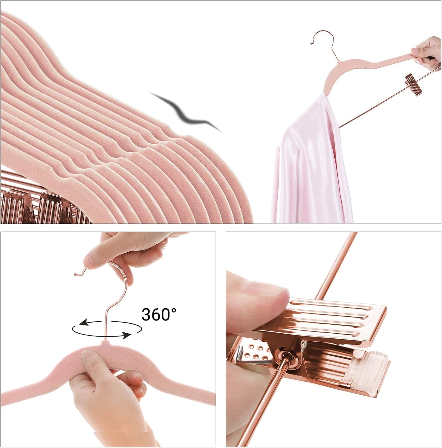 24 Pack Pants Hangers, 16.7 Inch Coat Hangers with Rose Gold Colored Movable Clips, Heavy-Duty, Non-Slip, Space-Saving, for Pants, Skirts, Dresses, Light Pink UCRF14PK24