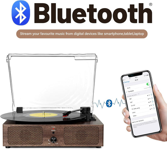 Vintage Wooden Record Player with Bluetooth 3-Speed Belt-Driven Turntable Built-In Speakers, Beginner Friendly Retro Phonograph for Home Decor, for Vinyl Enthusiasts (Walnut Finish)
