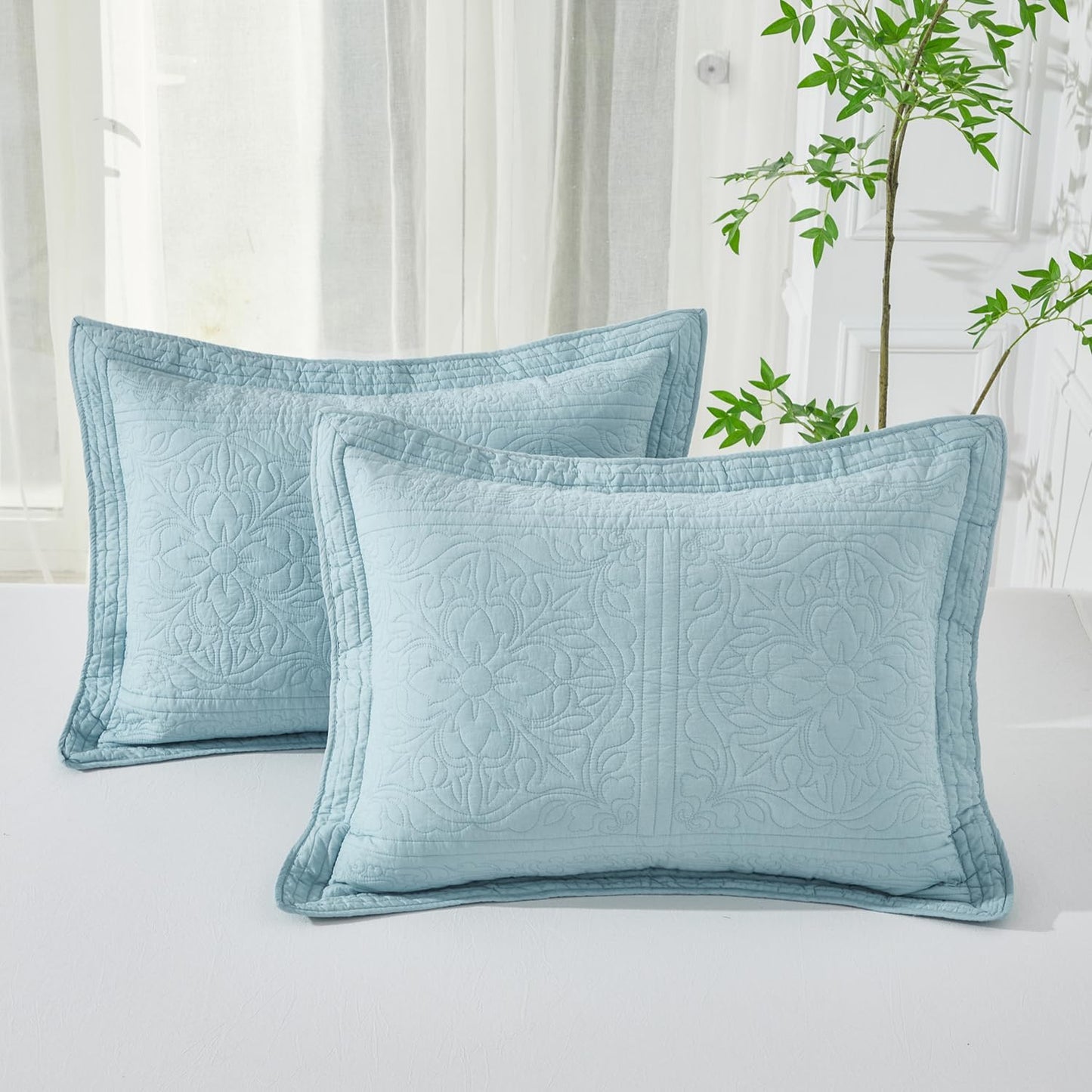 100% Cotton Quilted Pillow Sham Floral Printed Pillow Cover King Size (Baby Blue)