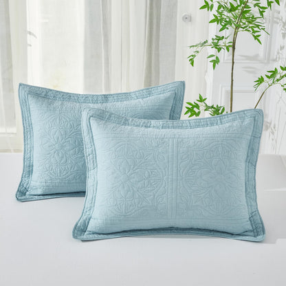 100% Cotton Quilted Pillow Sham Floral Printed Pillow Cover King Size (Baby Blue)