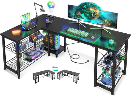 51 Inch L Shaped Gaming Desk with Shelves & Power Outlets, Reversible Computer Desk with Storage Shelves for Home Office, Black