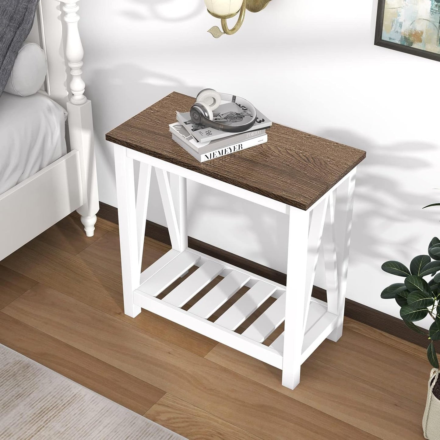 Farmhouse End Table, Narrow Side Table, Slim End Table with Storage Shelf for Small Spaces, Rustic Nightstand, for Living Room, Bedroom White