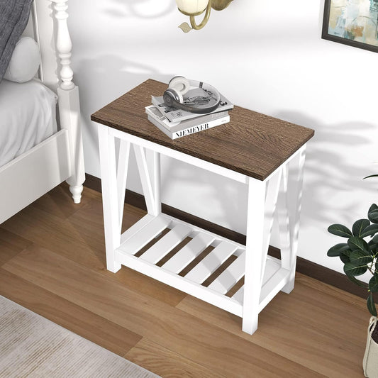 Farmhouse End Table, Narrow Side Table, Slim End Table with Storage Shelf for Small Spaces, Rustic Nightstand, for Living Room, Bedroom White