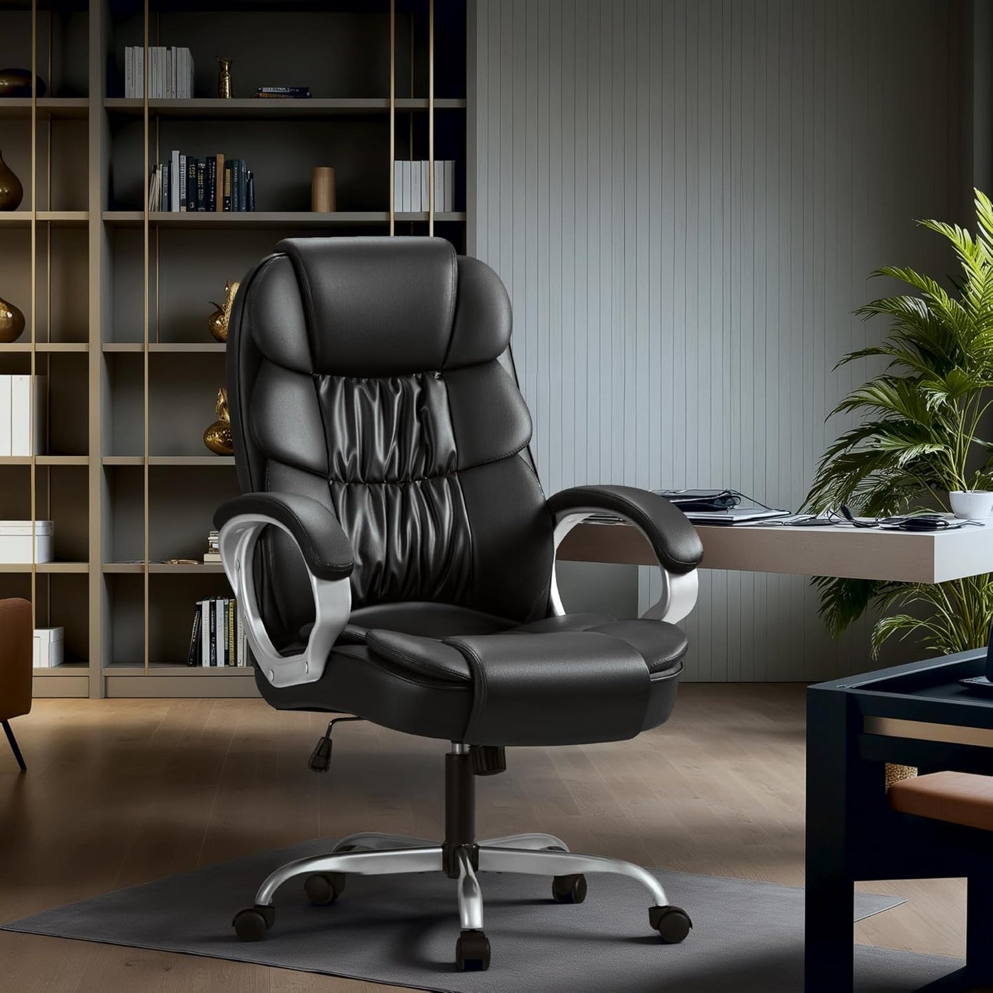 Office Chair High Back Computer Desk Chair, PU Leather Adjustable Height Modern Executive Swivel Task Chair with Padded Armrests and Lumbar Support (Black)